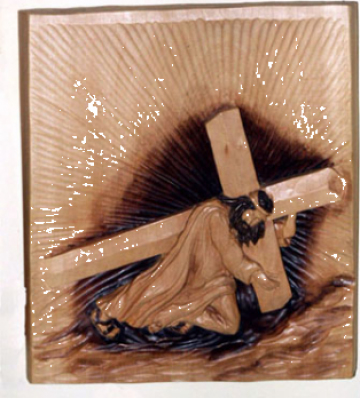 Sculptura Iisus cu cruce in spate de la Marincu George