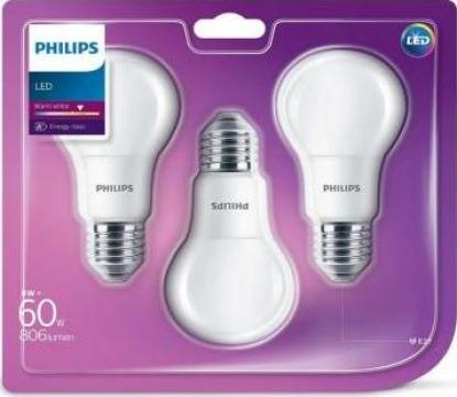 Set 3 becuri Led Philips 60W A60 E27 WW lumina calda de la E-lighting Distribution