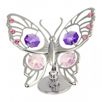 Decoratiune Fluturas argintiu cu cristale Swarovski roz