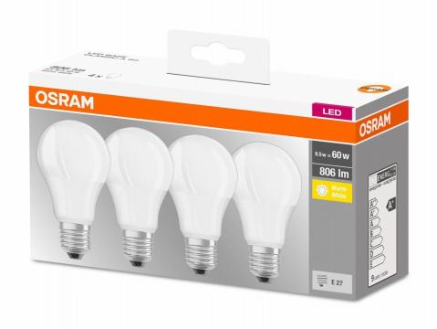 Set 4 x bec LED Osram Value, E27, A60, 8.5W (60W), 2700K