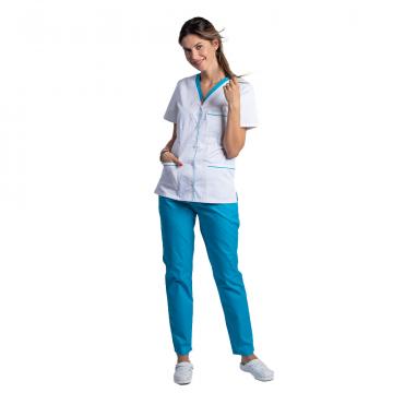 Costum medical format din bluza alb cu paspol turcoaz
