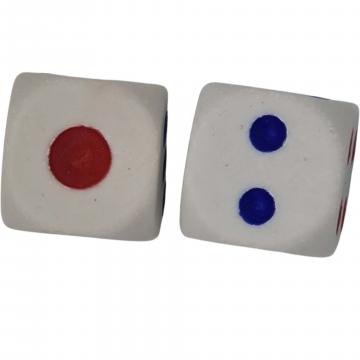 Set 2 zaruri, 12 mm, albe cu puncte albastre si rosii