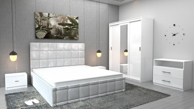 Dormitor Regal alb cu comoda Tv alb, pat matrimonial alb de la Wizmag Distribution Srl