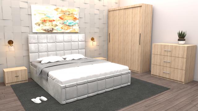 Dormitor Regal cu pat tapitat alb stofa cu dulap
