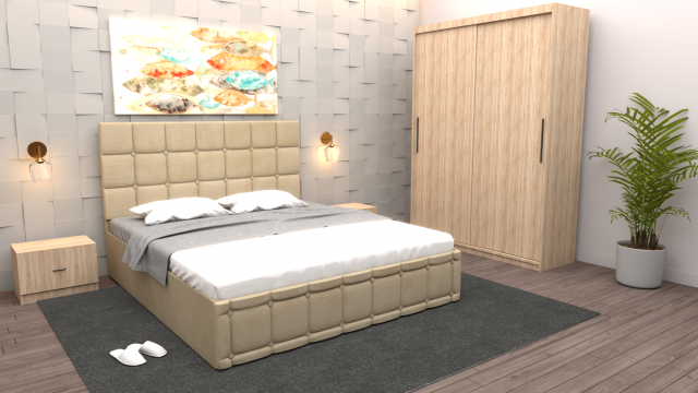 Dormitor Regal cu pat tapitat bej stofa cu dulap de la Wizmag Distribution Srl