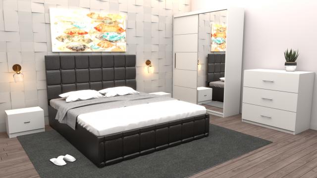 Dormitor Regal cu pat tapitat negru imitatie piele cu dulap