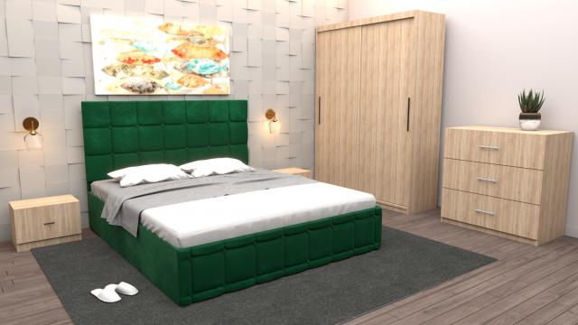 Dormitor Regal cu pat tapitat verde stofa cu dulap