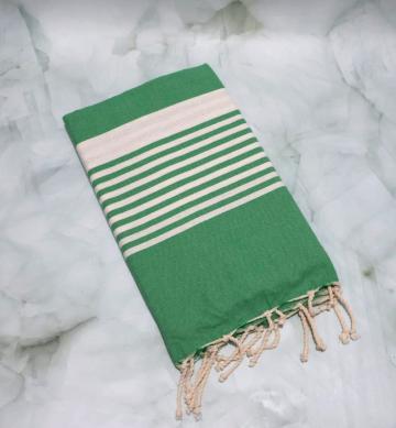 Prosop plaja Fouta Tunis verde cu dungi albe 200 x 100 cm