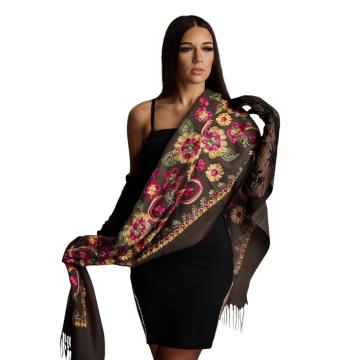 Sal din lana si casmir cu broderie florala colorata de la Narman - Tuxedo