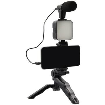 Set pentru vloguri 4 in 1, cu microfon, lampa LED