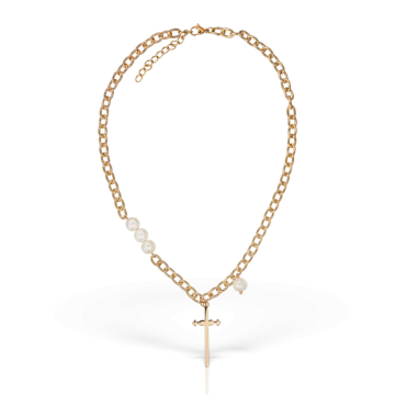 Colier Cross and Pearls, placat cu aur de 14K