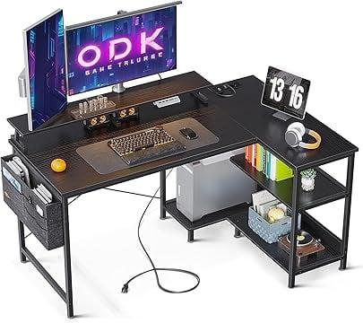 Birou de colt metal si ODK cu prize si porturi USB, maro