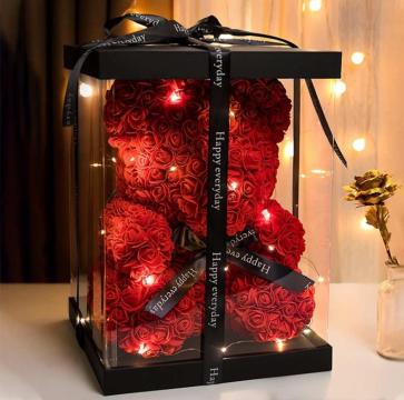 Cadou Urs din trandafir cu led-uri + cutie de cadou