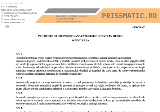 Instructiuni proprii agent paza de la Prissmatic Srl