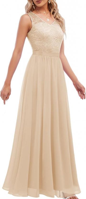 Rochie de seara lunga din dantela, fara maneci, bej de la Molifag Srl
