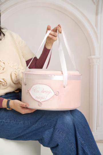 Cufar botez color buretat din catifea pufoasa - roz