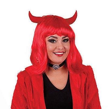 Peruca rosie diavolita cu coarne, petrecere Halloween de la Hobbyplanet Romania